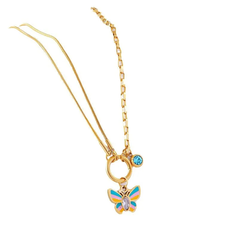Gold titanium steel butterfly necklace and bracelet set with colourful epoxy pendants on snake bones chains