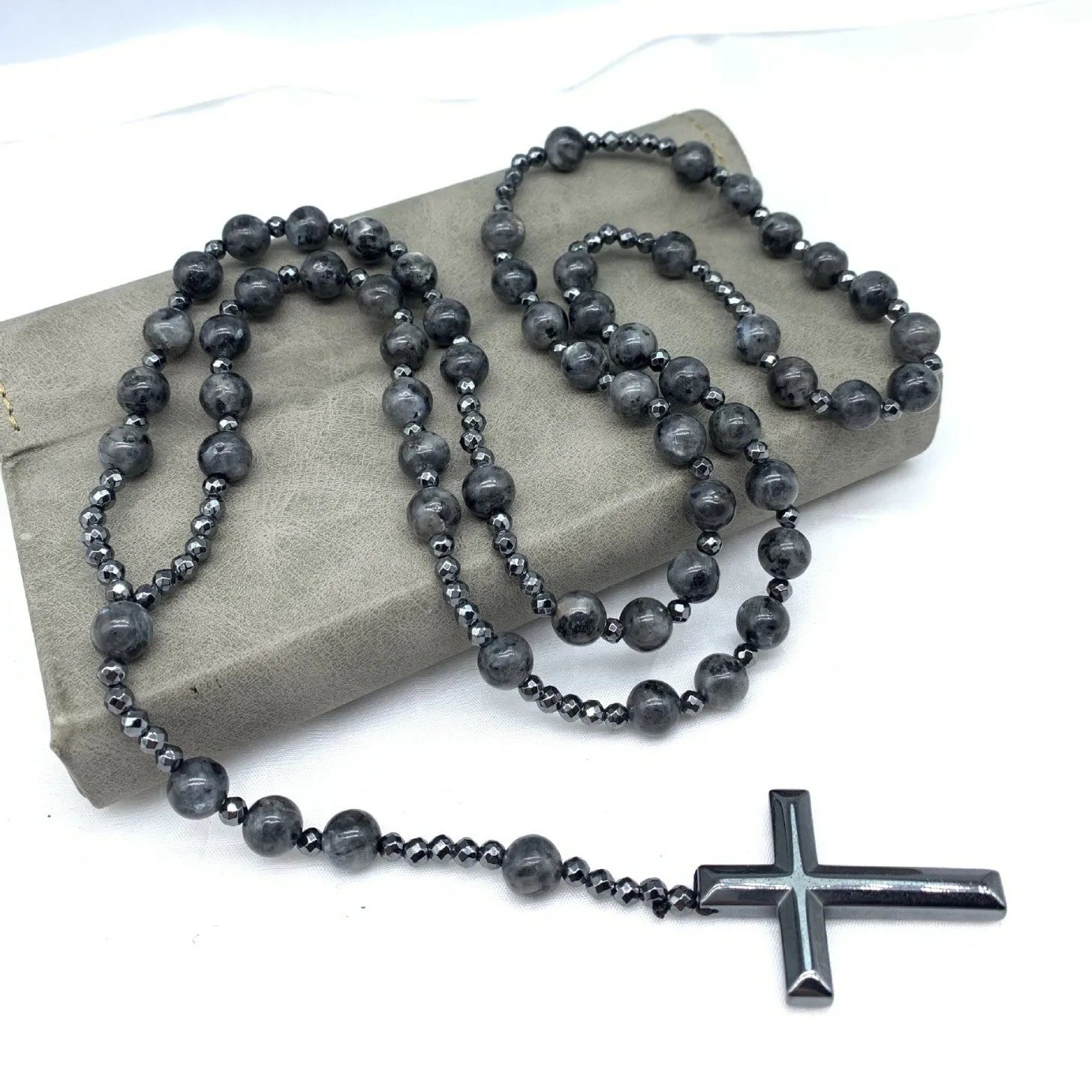 Stone cross pendant necklace with geometric design on 80cm bead chain