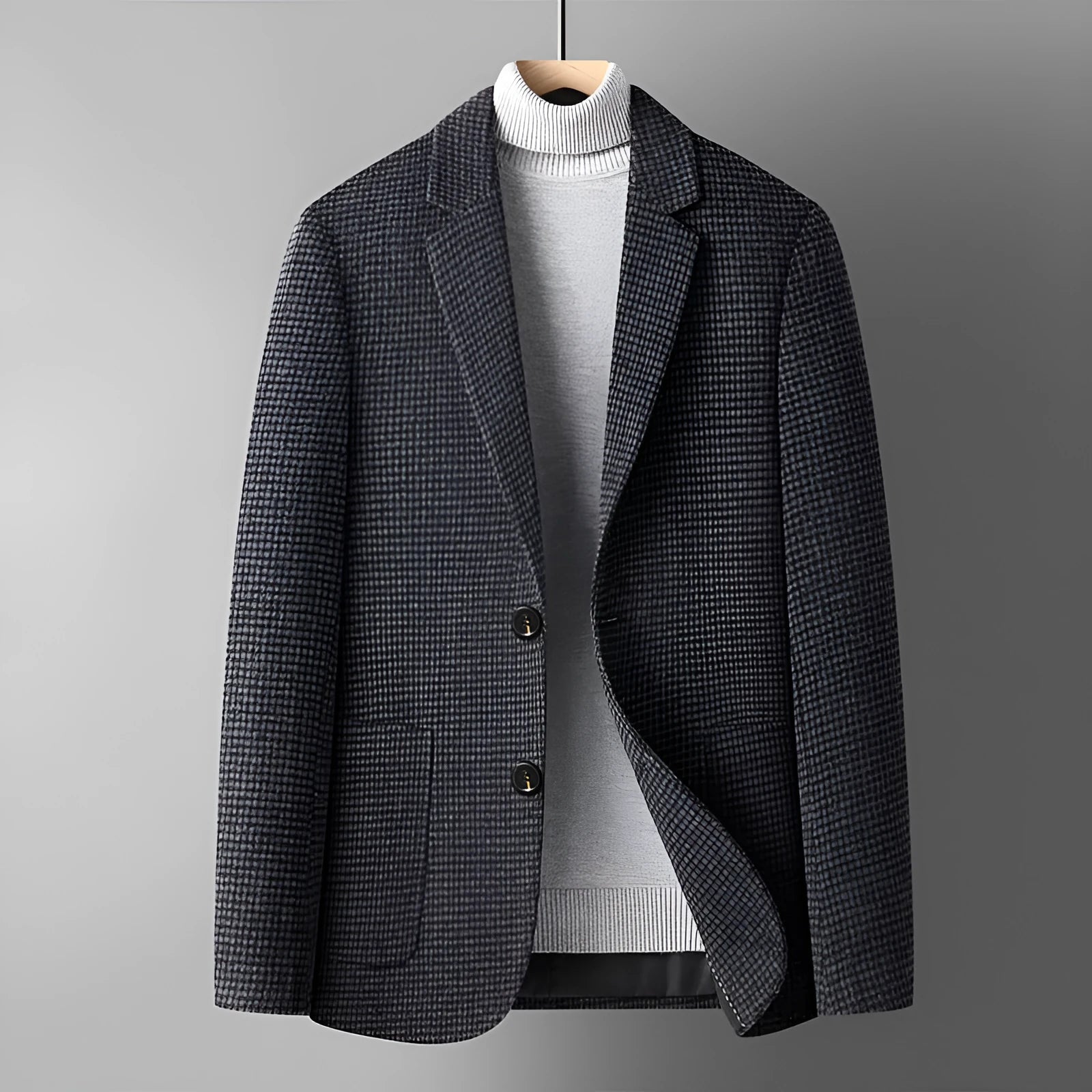 Men's grey slim fit wool suit jacket with a non-ironing finish on a hanger.