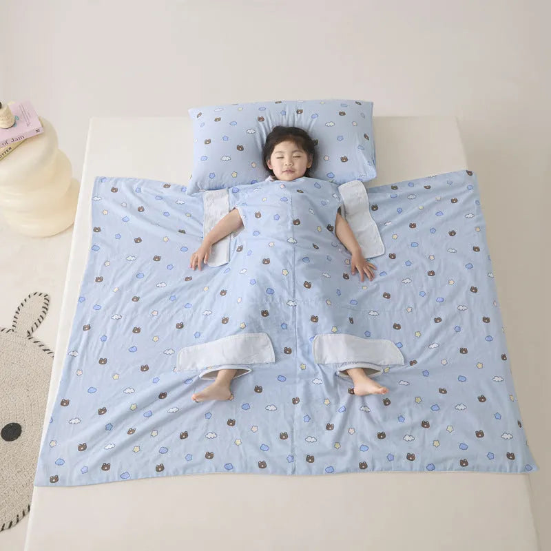 Anti-kick sleeping bag blanket in a printed colour design, shown with an optional matching pillowcase.
