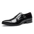 Men's black and light brown leather shoes with square toe design and rubber soles