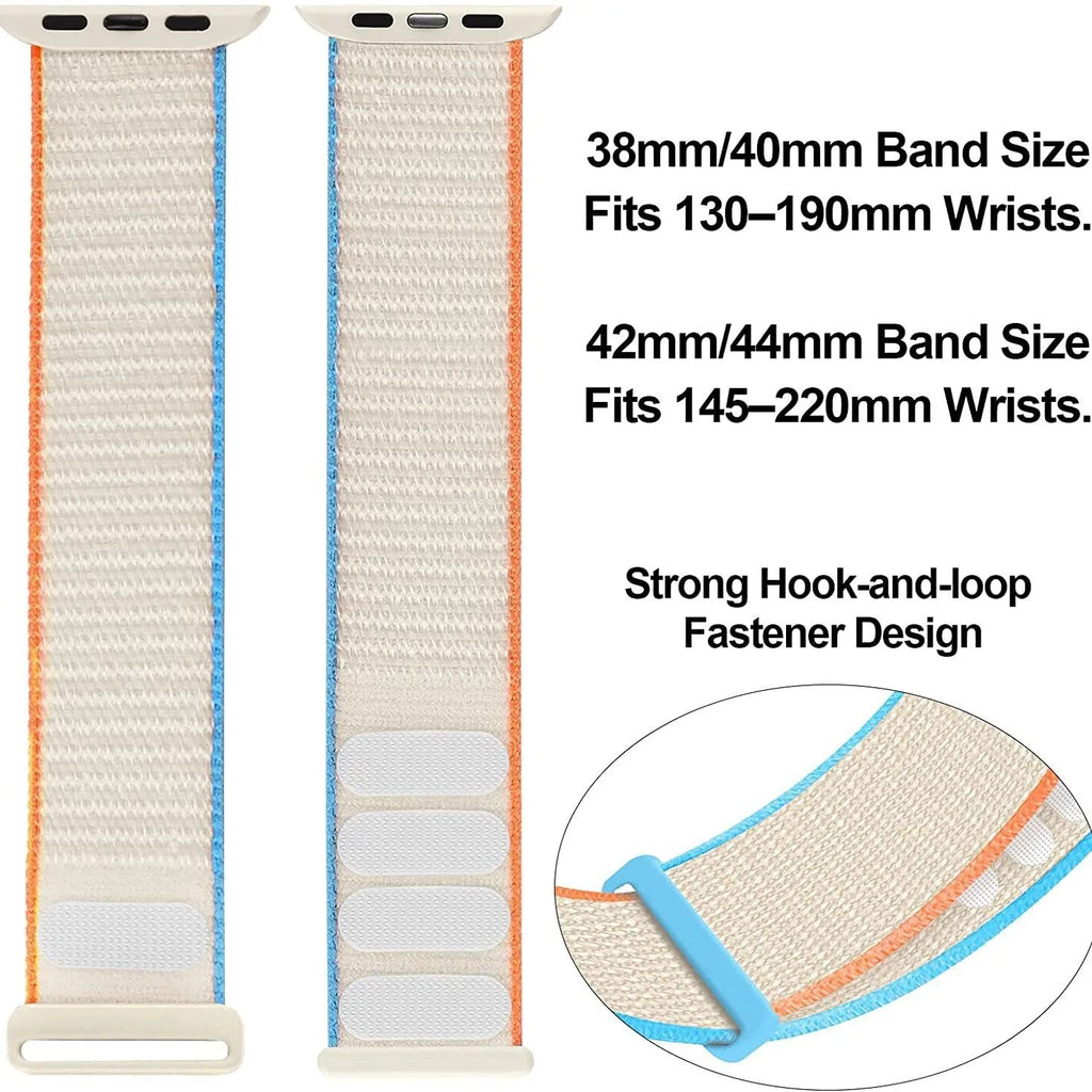 Woven nylon Apple Watch strap in multiple colours including reflective and rainbow patterns.