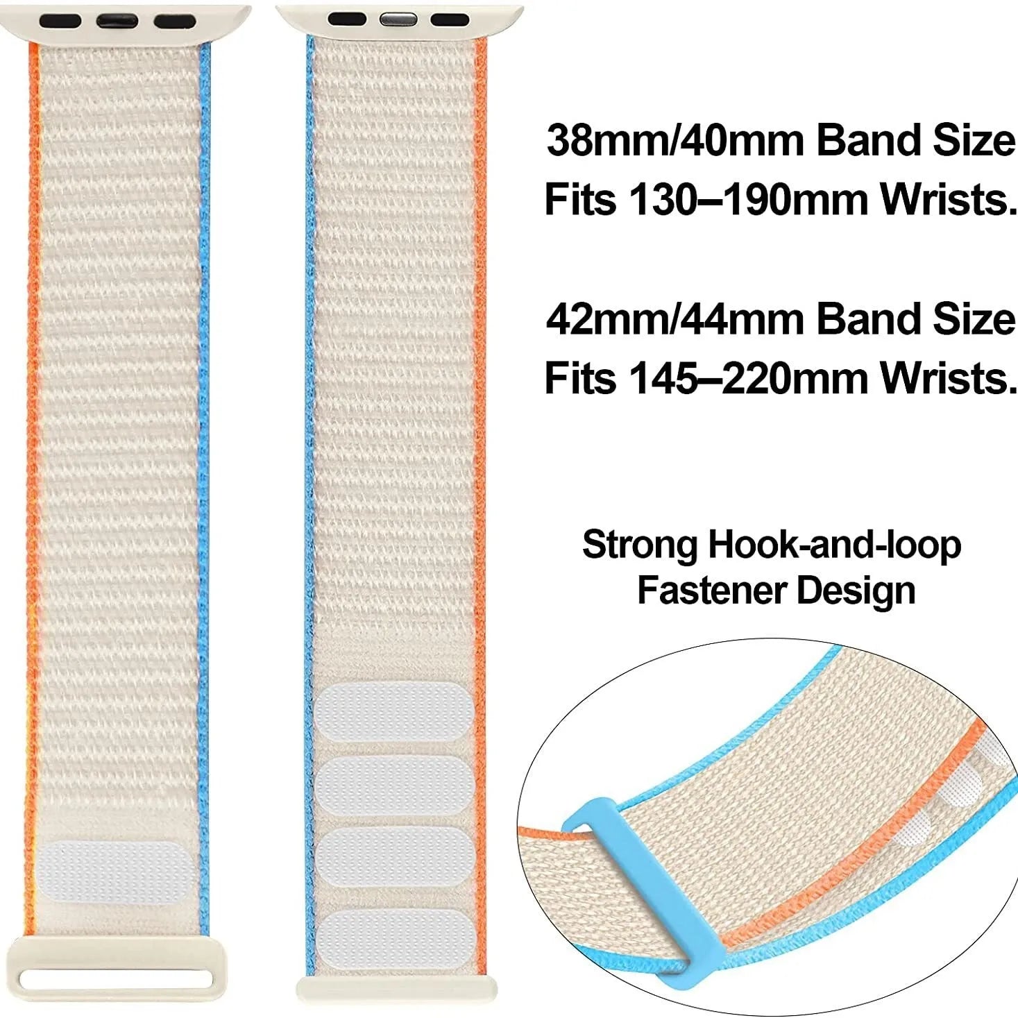 Woven nylon Apple Watch strap in multiple colours including reflective and rainbow patterns.