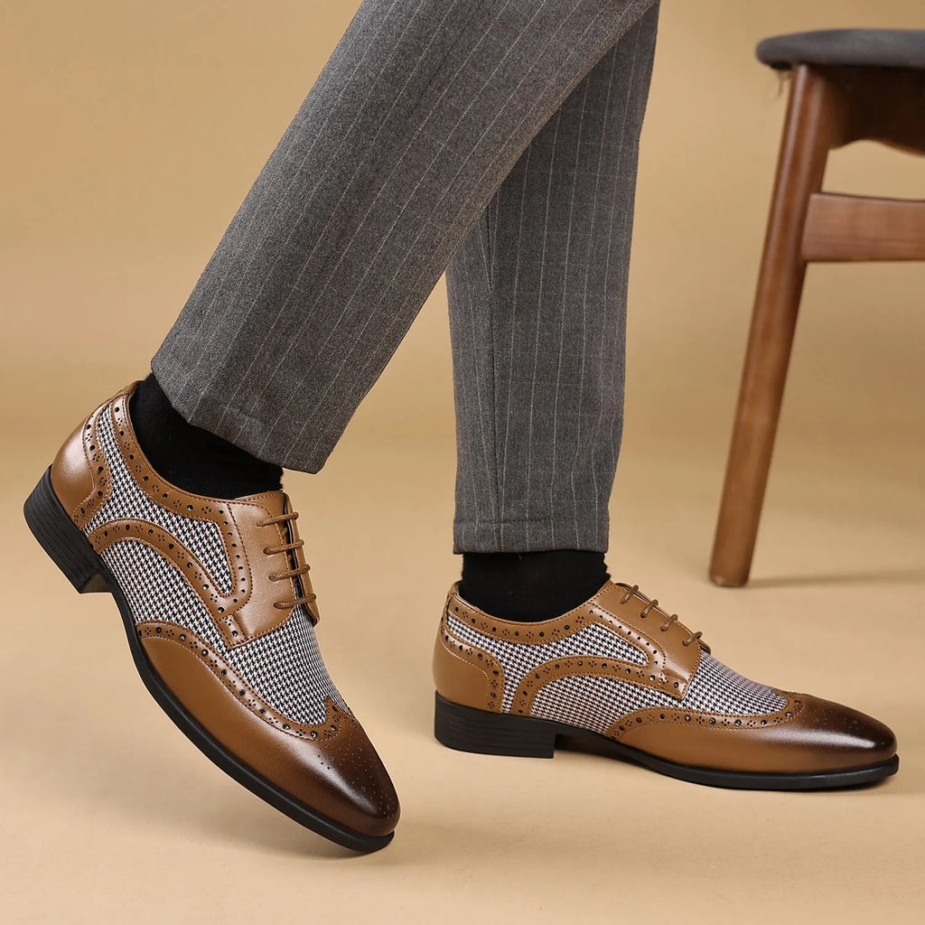 Men's black houndstooth pattern casual lace-up shoes with a square toe and rubber sole.
