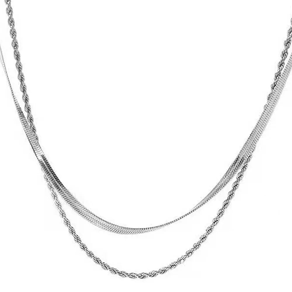 Women’s retro double-layer twist stainless steel necklace with geometric pendant, 21cm-50cm