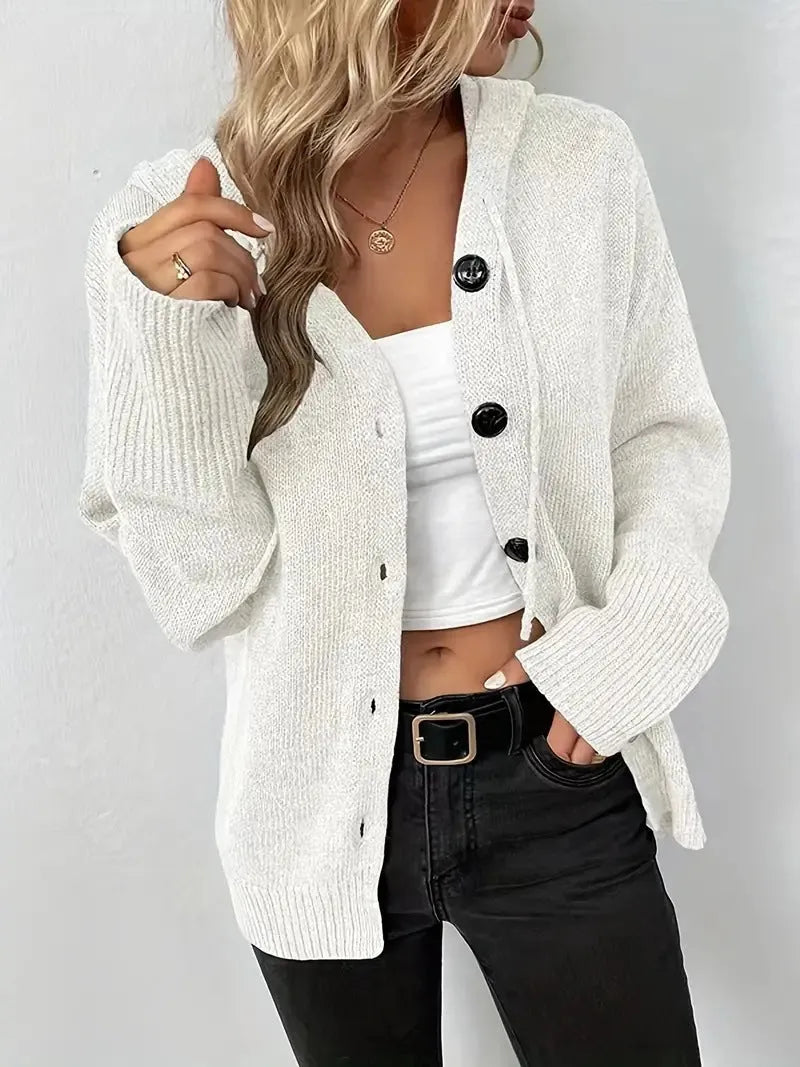 A grey thick cotton hooded cardigan sweater with a single-breasted button front and regular long sleeves.