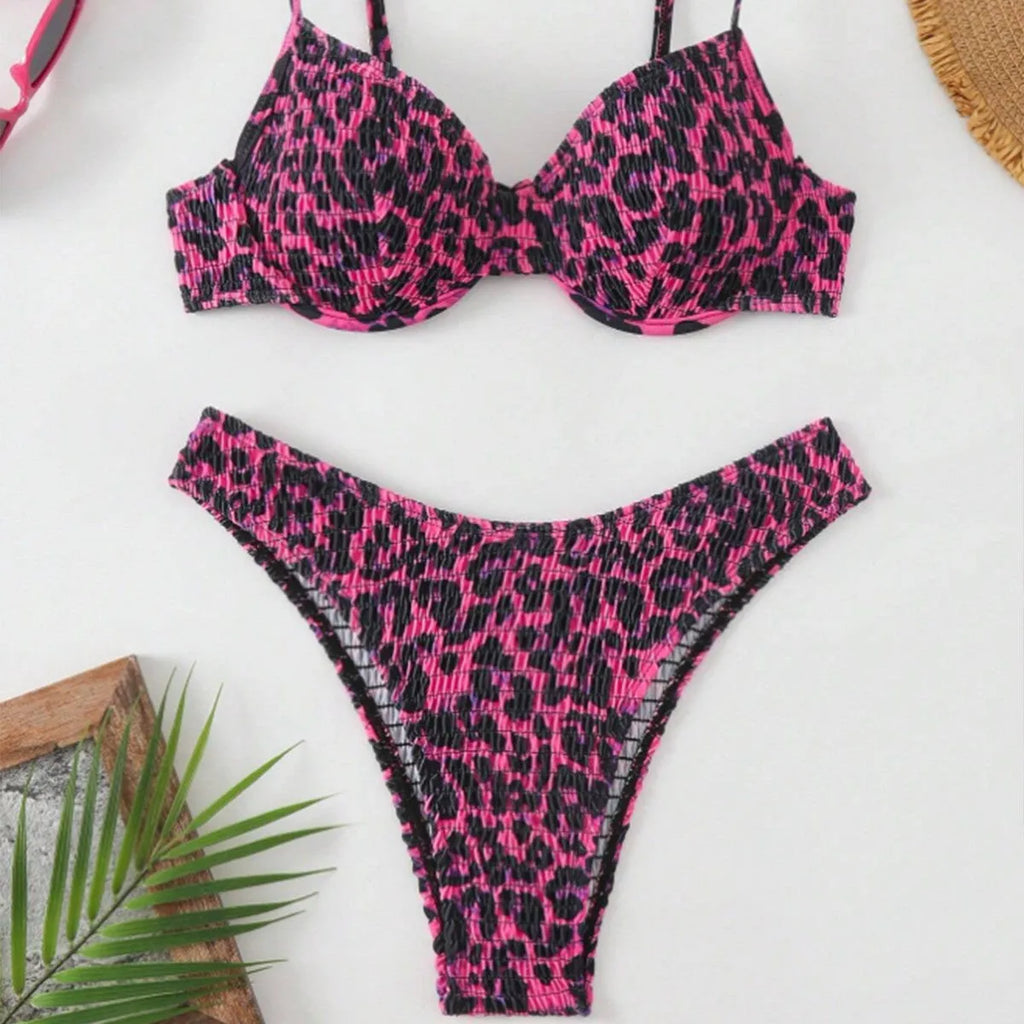 Women's backless leopard print bikini in brown mixed colour on a mannequin