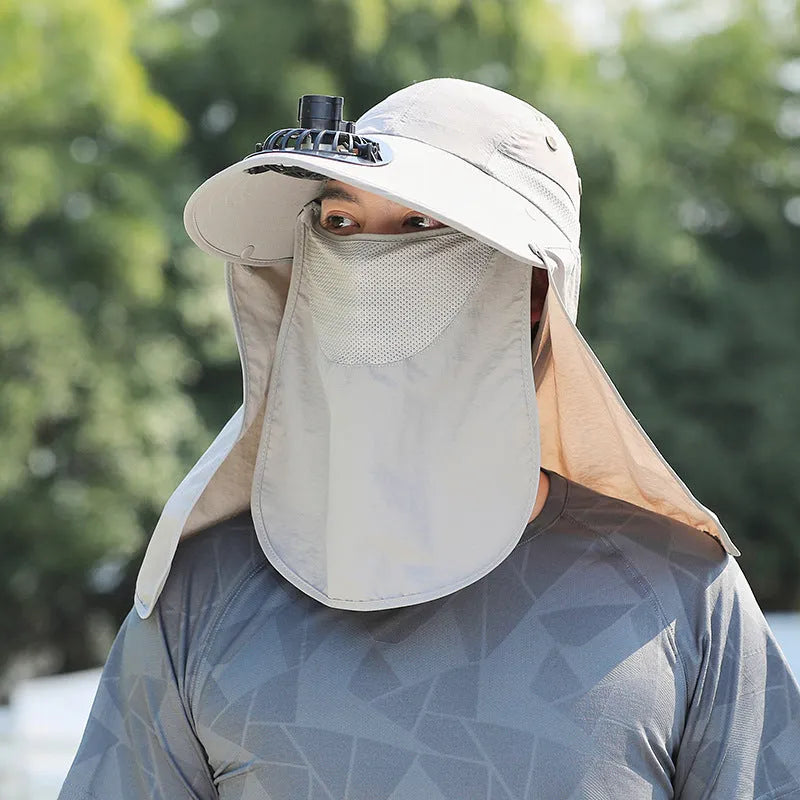 Men's sun protection hat with USB fan and face covering shawl in khaki colour for outdoor activities