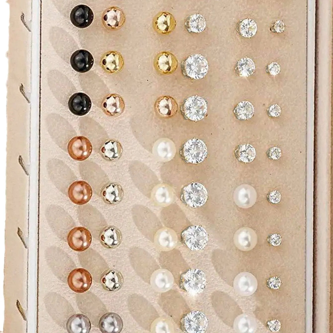 Assortment of 108 gold and yellow geometric alloy earrings with round pearl-like details on a white background.