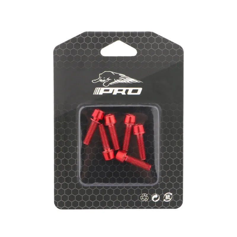 Set of six stainless steel mountain bike handlebar fixing screws in assorted colours on a card.