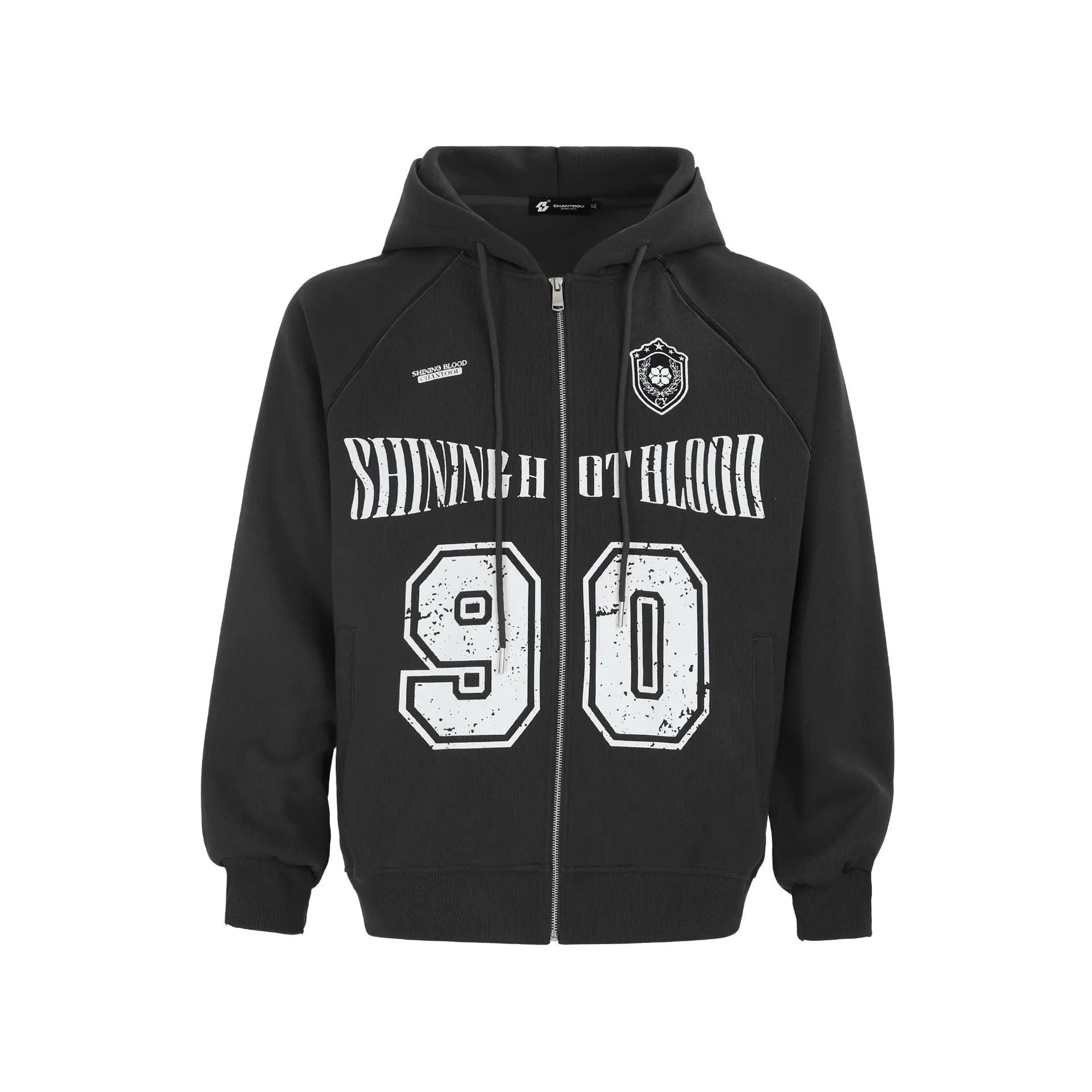 Women's American retro style loose-fit hooded jacket with embroidered line letter patterns in cotton blend fabric