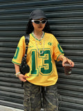 Women's loose-fit V-neck short-sleeved T-shirt with a white 3D letter print design.