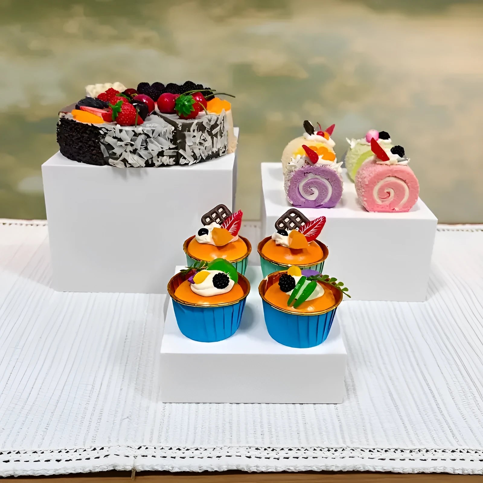White plastic cube dessert display stand six-piece set for cake and pastry presentation