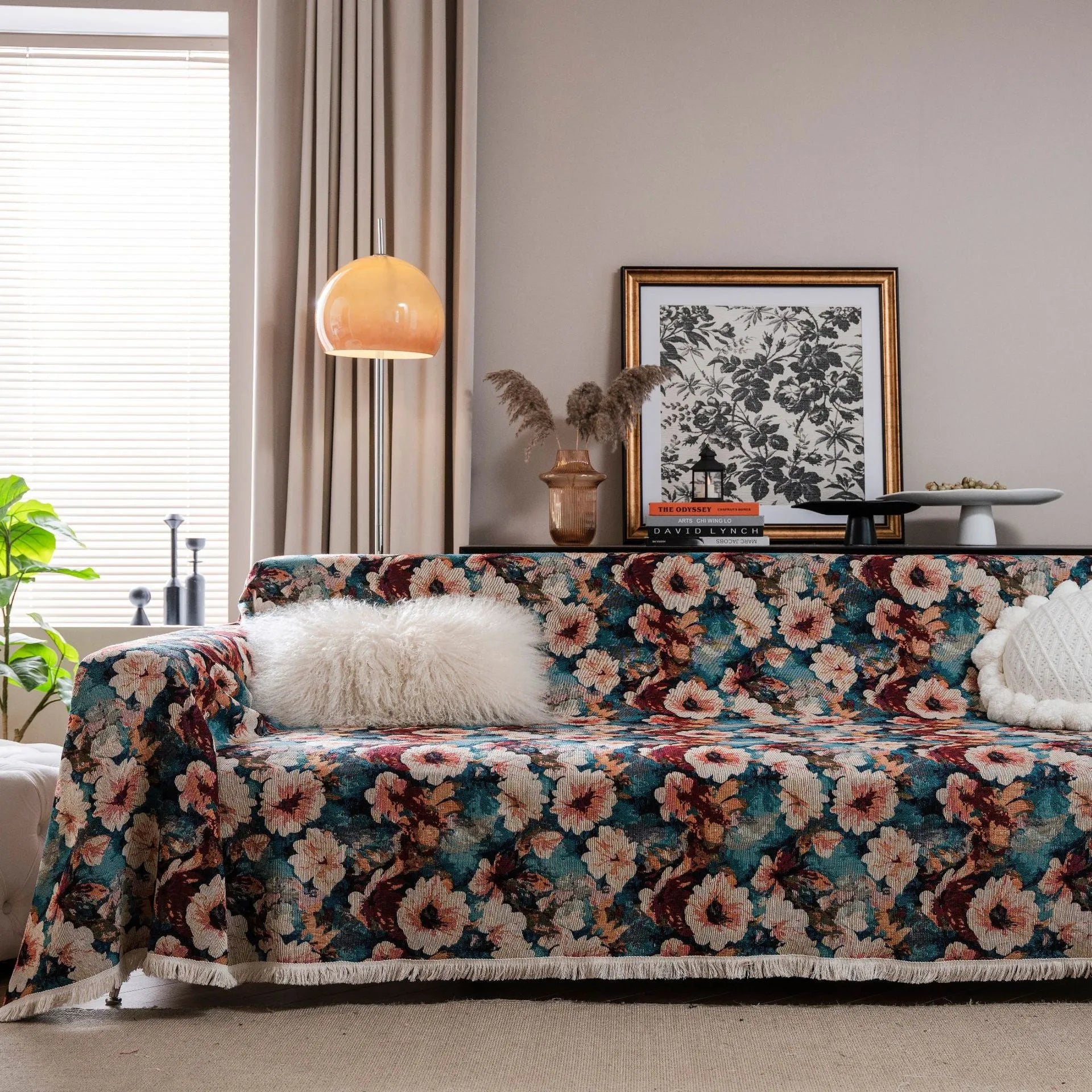 American country style jacquard sofa cover in polyester cotton fabric on a sofa.