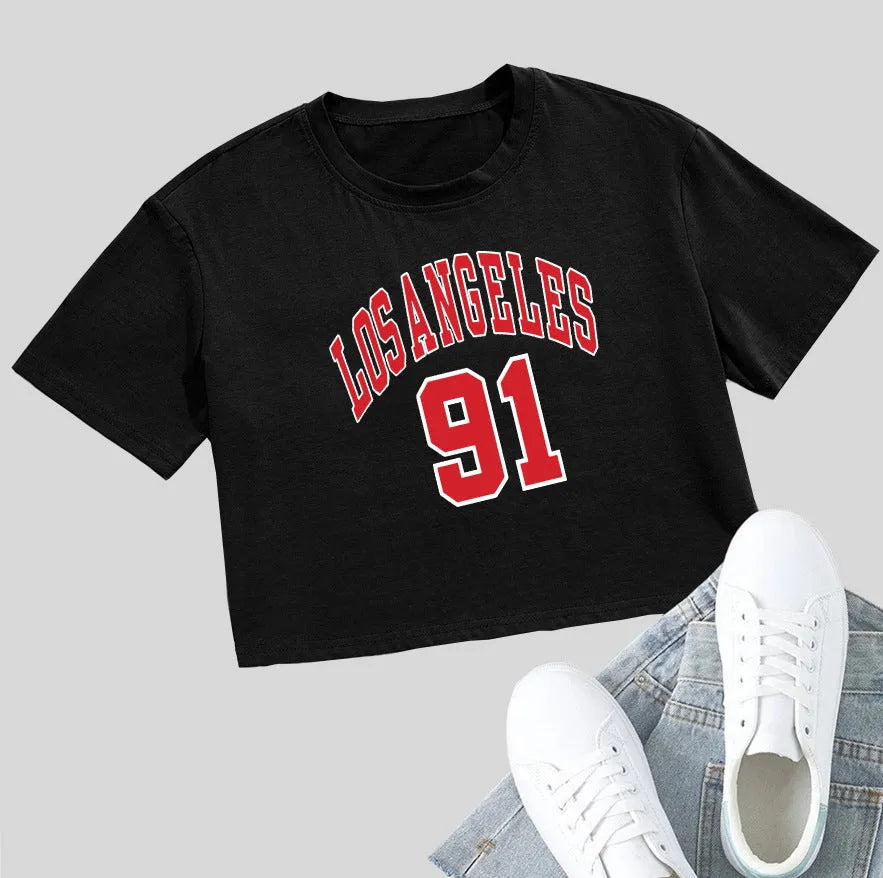 Black loose-fit cotton T-shirt with personalised white English letter print and a navel-revealing cut.