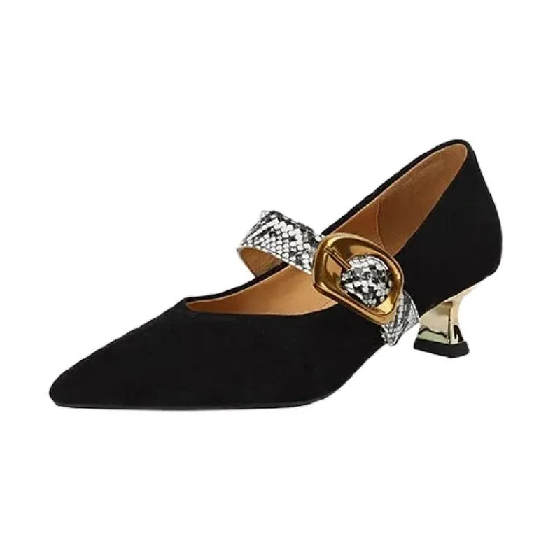 Women's black French point high heels with buckle fastening and stiletto heel