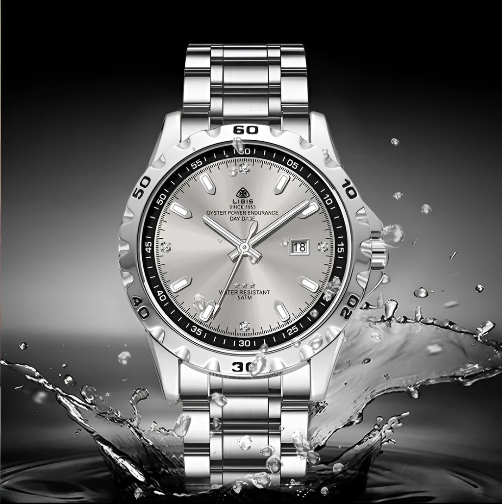 Men's silver case business watch with stainless steel strap and luminous quartz movement