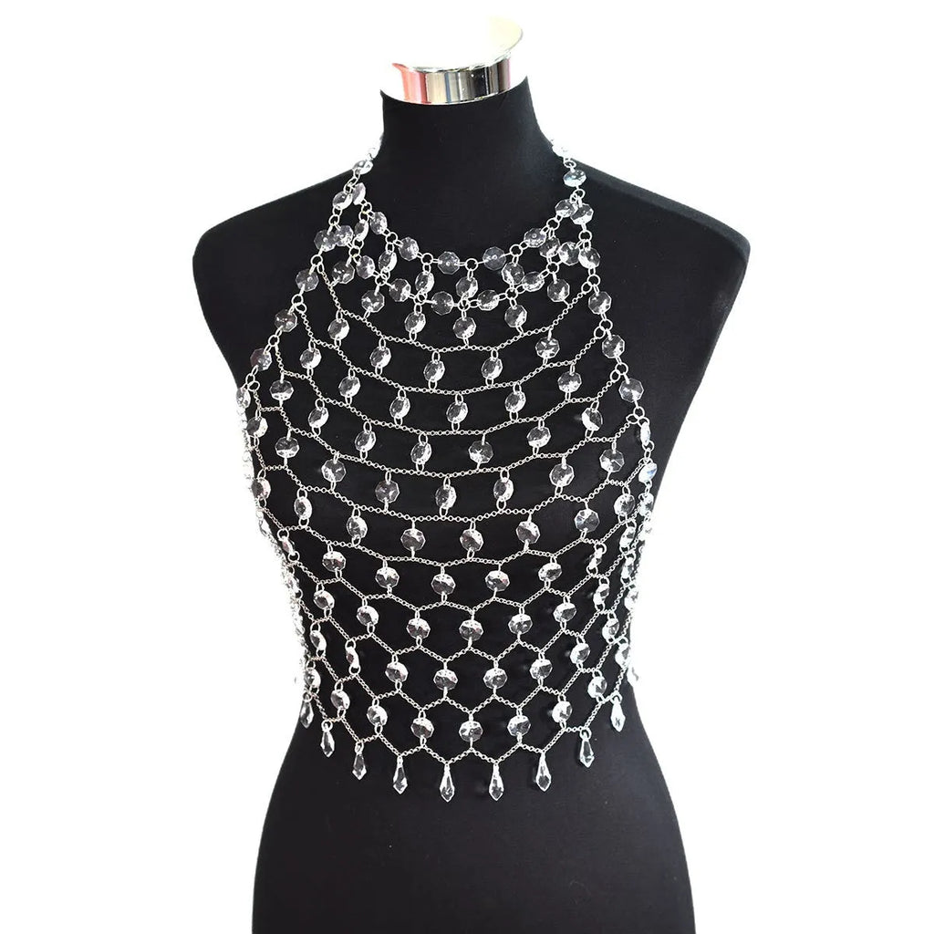 Transparent acrylic crystal sequins body chain chest necklace jewellery in hand-woven construction