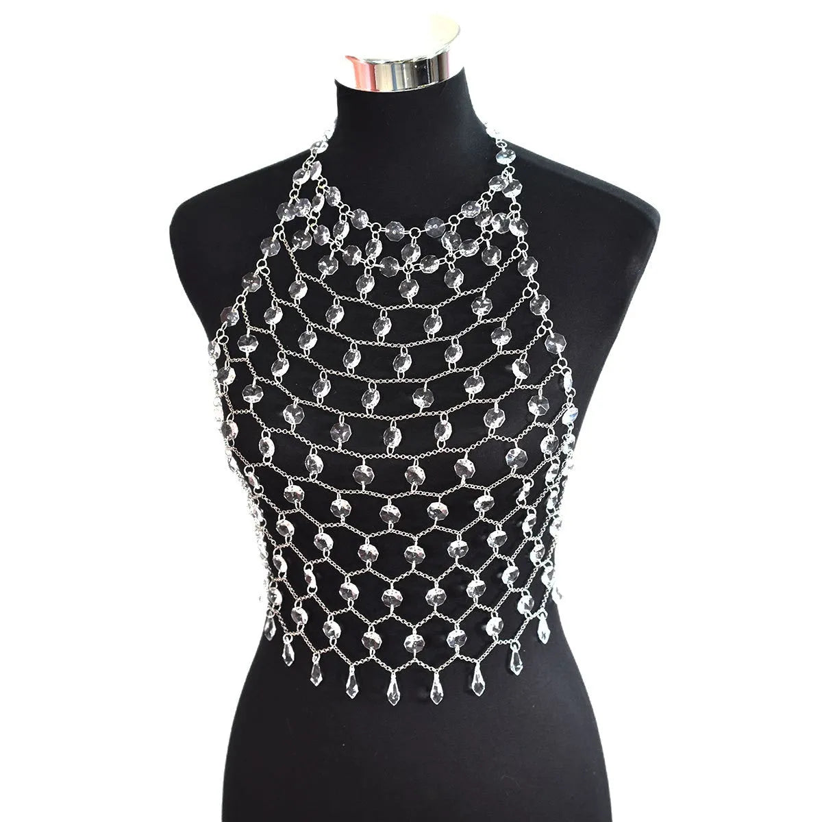 Transparent acrylic crystal sequins body chain chest necklace jewellery in hand-woven construction