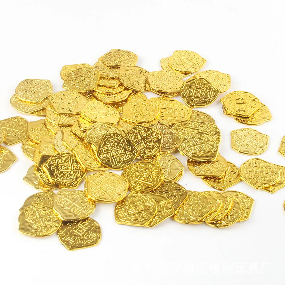 A pile of gold, silver, and bronze coloured plastic Roman coin replicas from a 100-coin bulk pack.