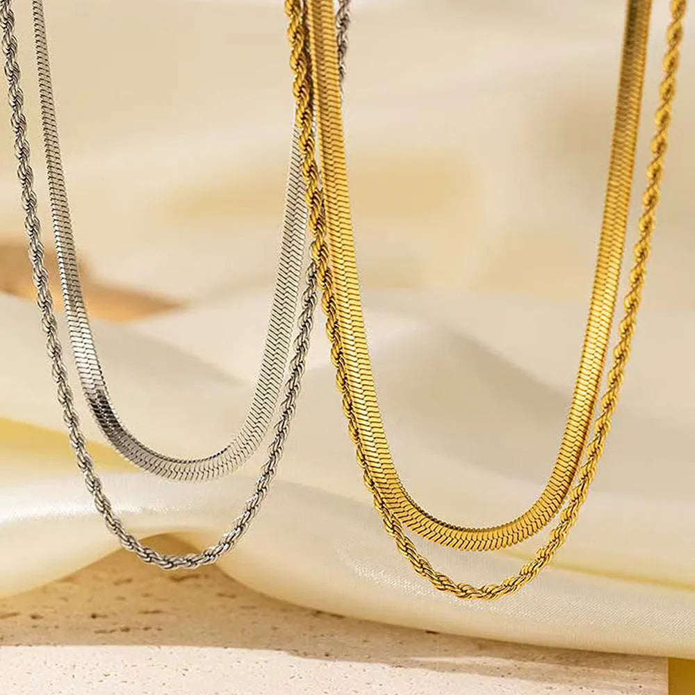 Women’s retro double-layer twist stainless steel necklace with geometric pendant, 21cm-50cm