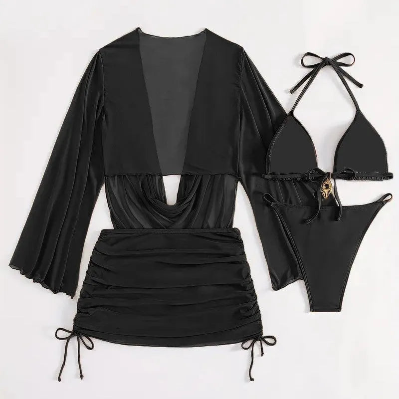 Dark brown lace-up bikini swimsuit set for women on a mannequin, showing backless design.