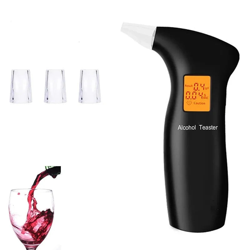 Portable orange LED breath alcohol tester with four spare mouthpieces on a black background.