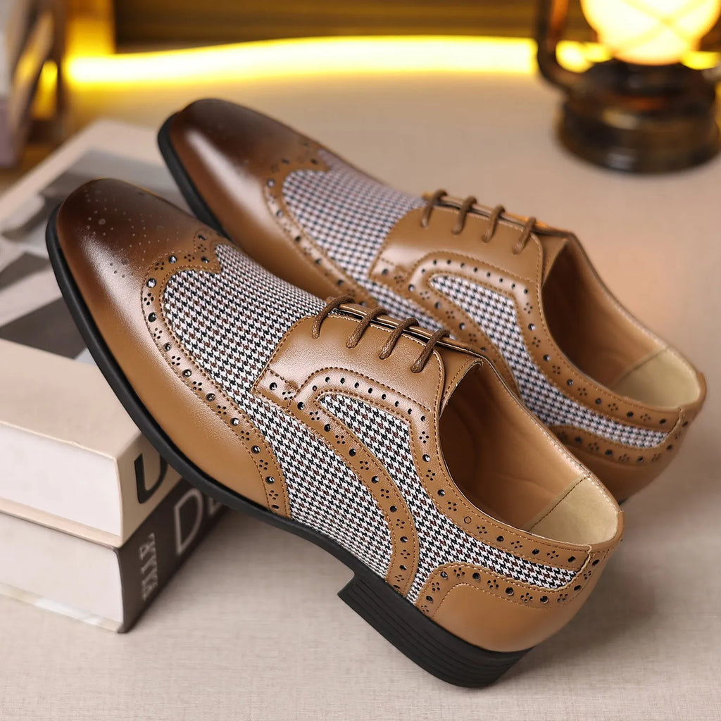 Men's black houndstooth pattern casual lace-up shoes with a square toe and rubber sole.