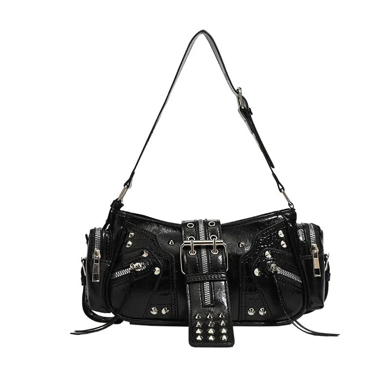 Black oil wax leather retro handbag with dumpling shape and three-dimensional outer pocket