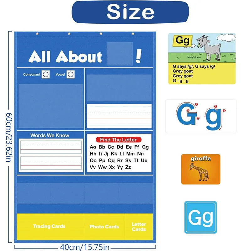 Child using large blue alphabet learning chart with picture and word cards on a wipe-clean 60x40cm surface.