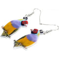 Pair of blue and white acrylic pendant earrings featuring a printed titmouse bird and snake design on geometric shapes.