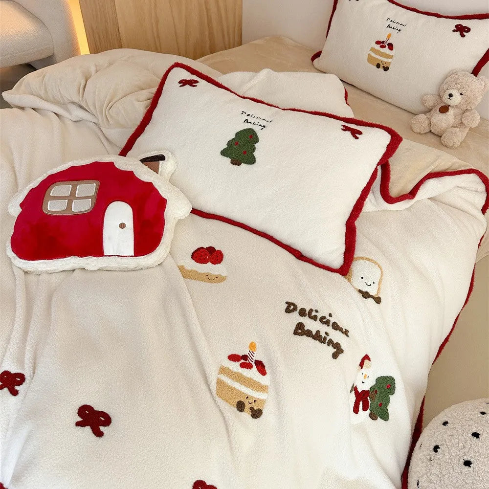 Cartoon winter Christmas themed bedding four-piece set including duvet cover, bed sheet, and two pillowcases made from polyester.