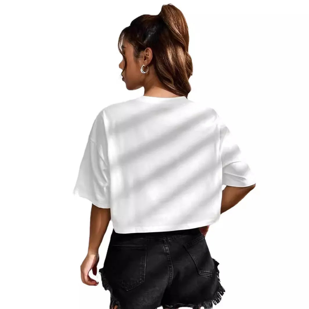 Black loose-fit cotton T-shirt with personalised white English letter print and a navel-revealing cut.
