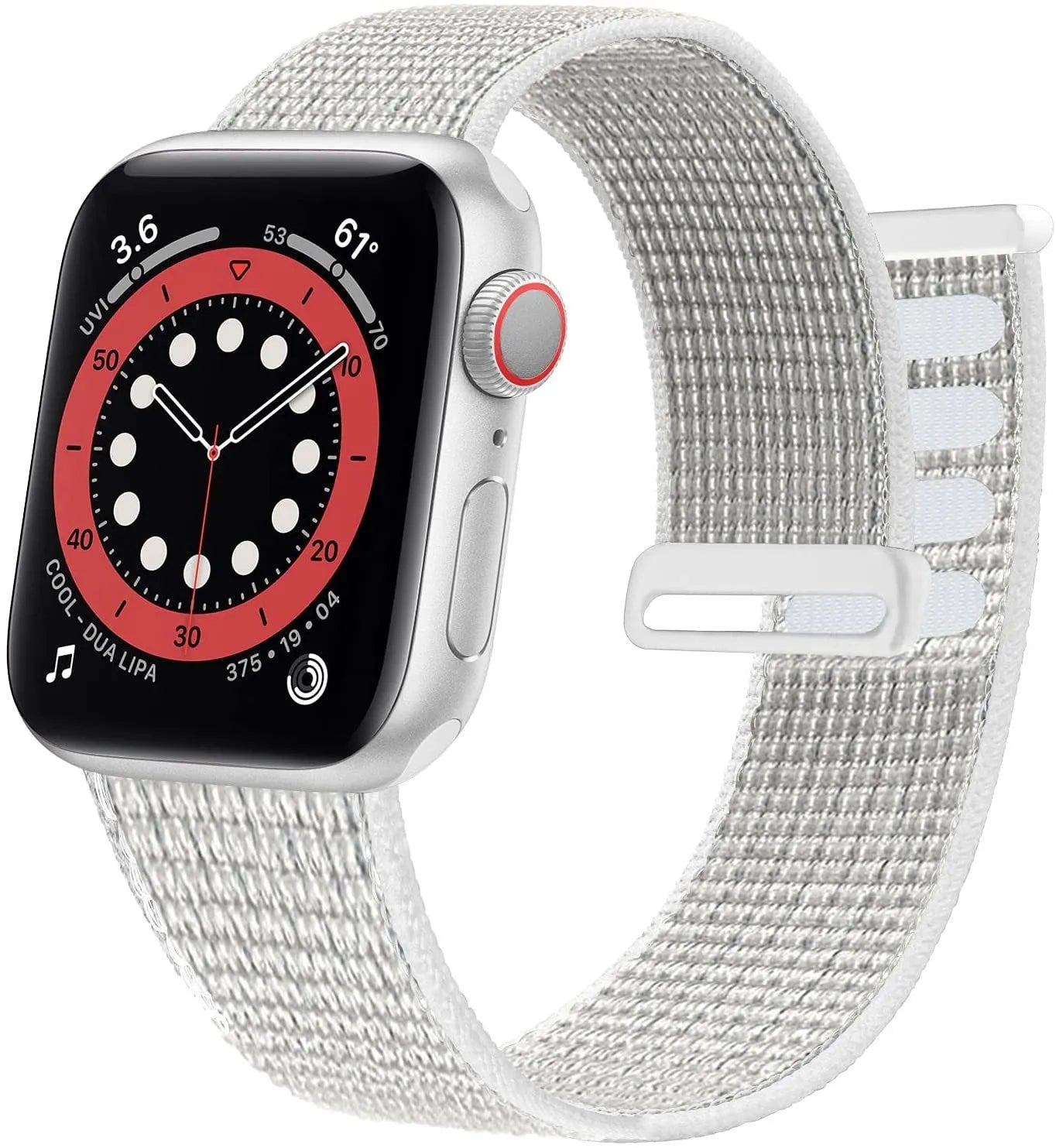 Woven nylon Apple Watch strap in multiple colours including reflective and rainbow patterns.