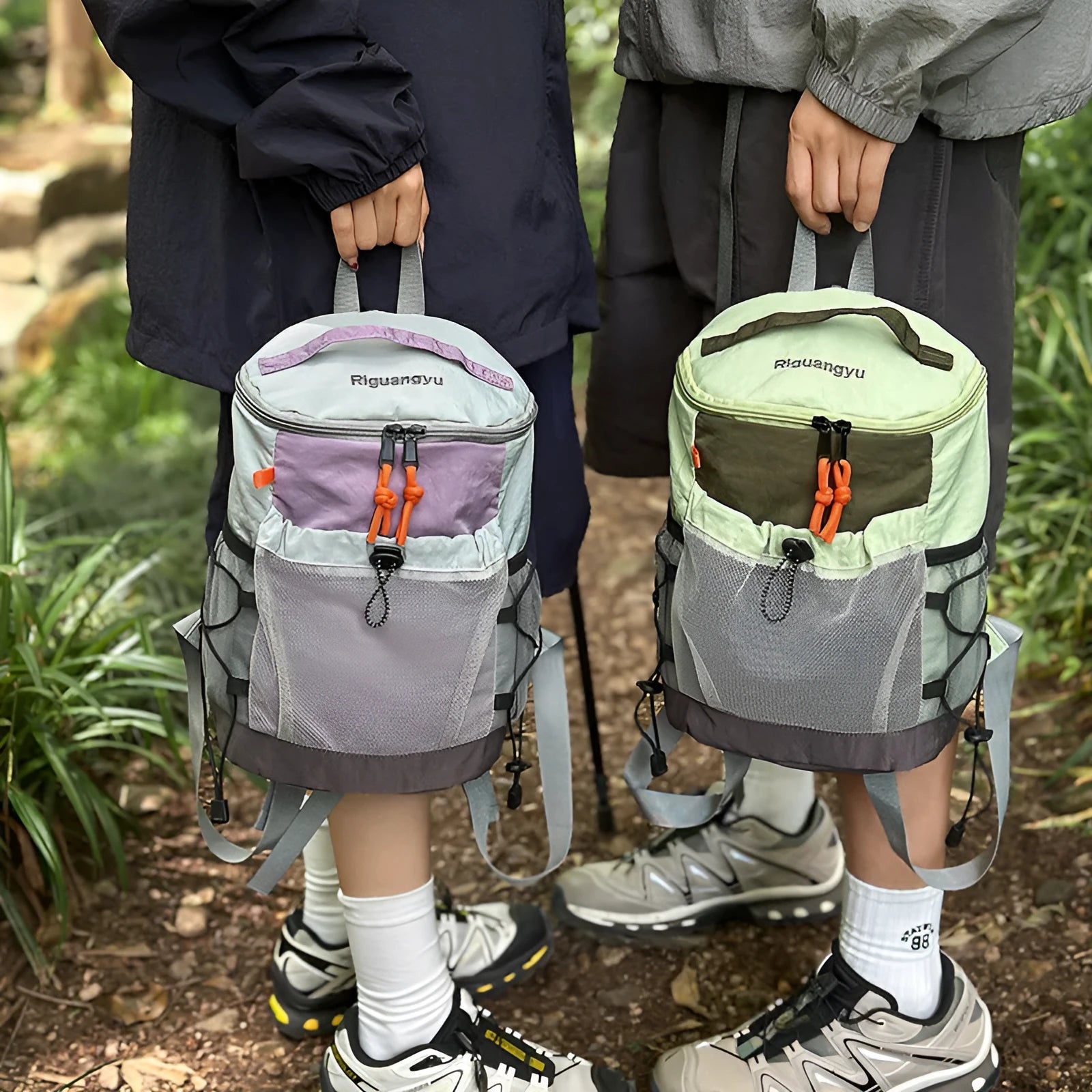 Waterproof nylon casual backpack in solid colour with curved shoulder straps and fold design details