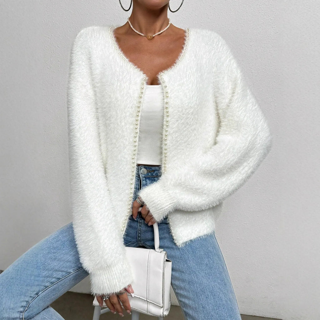 White women's cardigan with V-neck and bead decoration, medium thickness polyester fabric