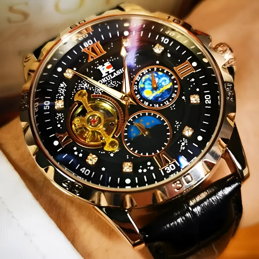 Men's black and rose gold automatic skeleton watch with large dial and leather strap.