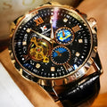 Men's black and rose gold automatic skeleton watch with large dial and leather strap.