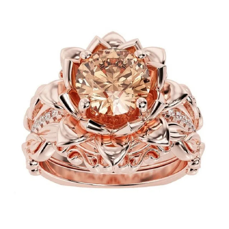 Women's rose inlaid zircon ring in geometric shape with floral elements on finger