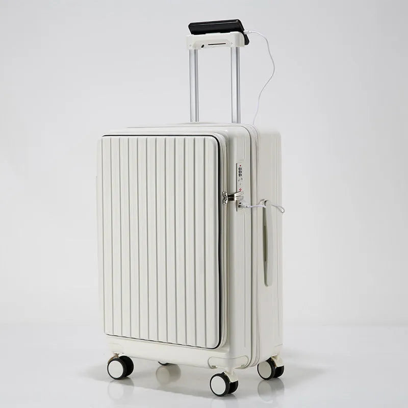 New ABS PC front-opening 20-inch business suitcase in dark night black with universal wheels