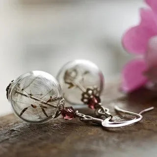 Transparent glass dandelion earrings with 16mm ball and French hook in silver finish