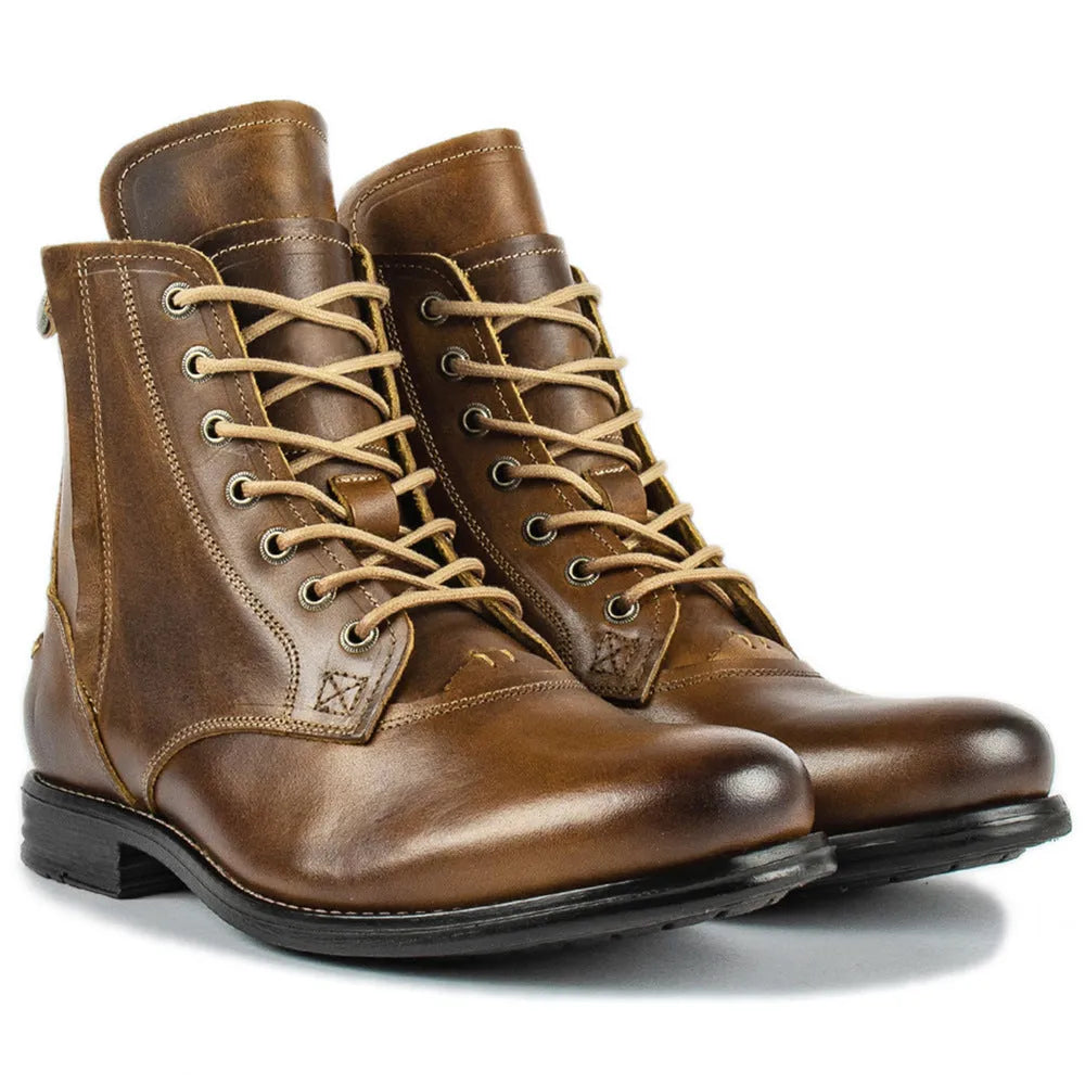 Men's black and brown two-tone leather boot with a side zip and low heel.