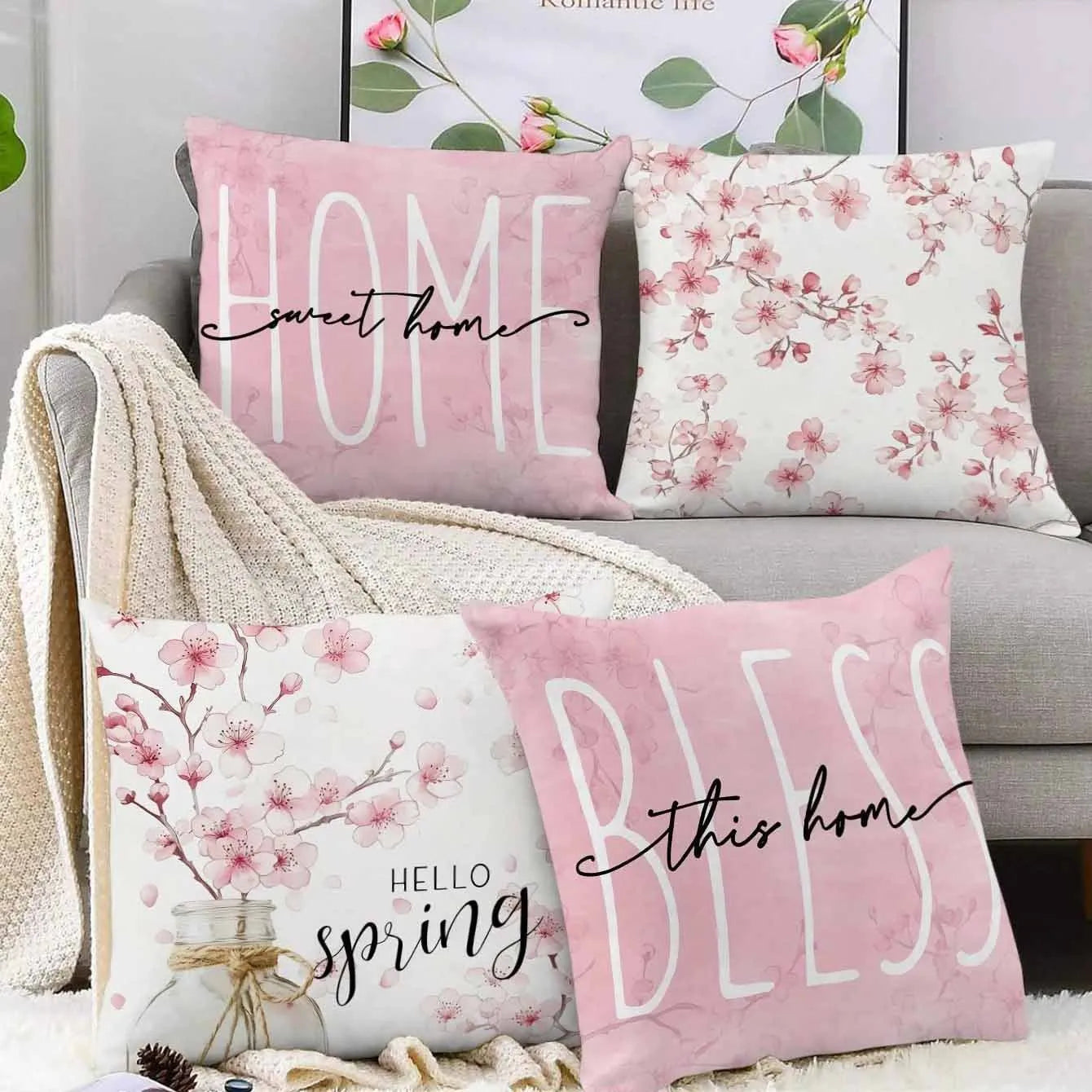 Square short velvet cushion cover with cherry blossom and letter design in four colour options.