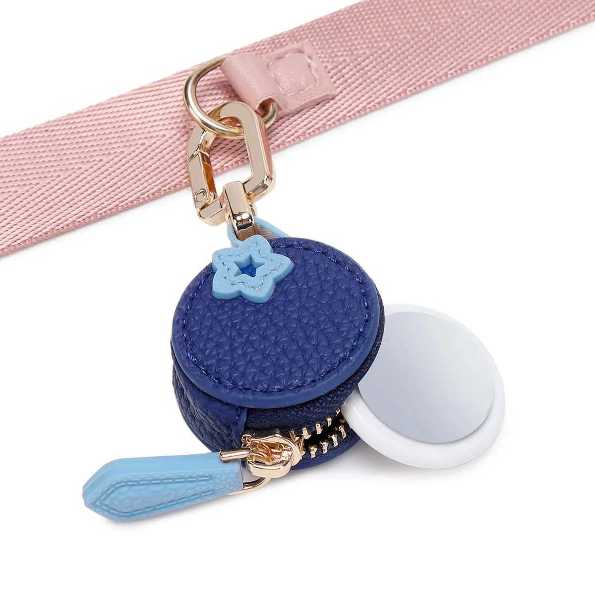 Mini coin bag keychain in cherry red, blueberry blue and orange colours with leather attachment