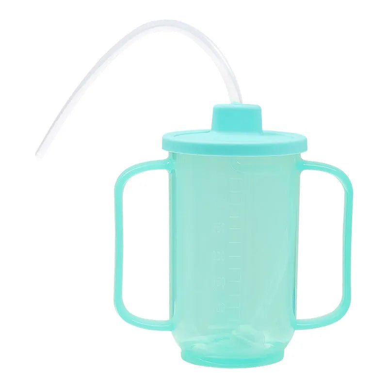 Adult polypropylene drinking cup with oblique choke-proof spout, lid, handle, and optional wrist splint.