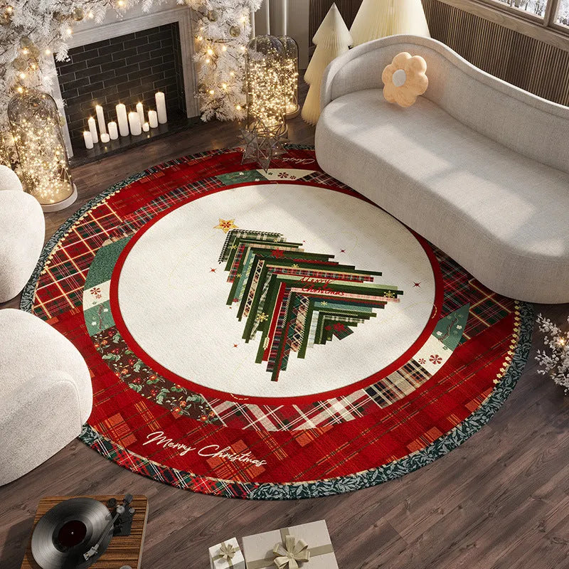 Round red Christmas floor mat with festive designs in polyester material on living room floor