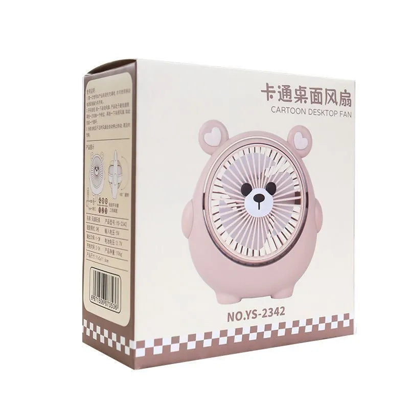 Small plastic desktop electric fan in a choice of six colours, including puppy-themed options, with USB cable.