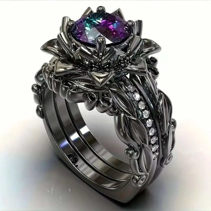 Women's rose inlaid zircon ring in geometric shape with floral elements on finger