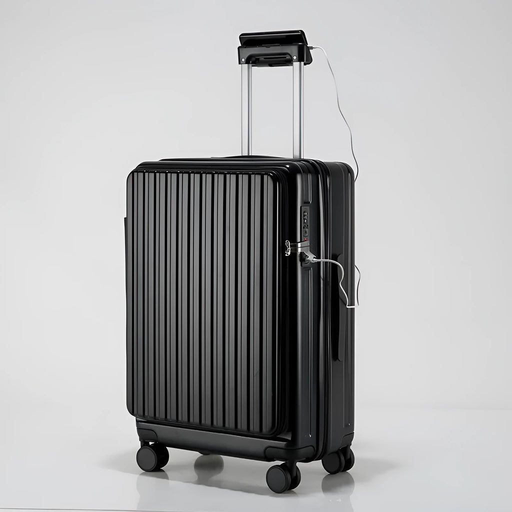 New ABS PC front-opening 20-inch business suitcase in dark night black with universal wheels