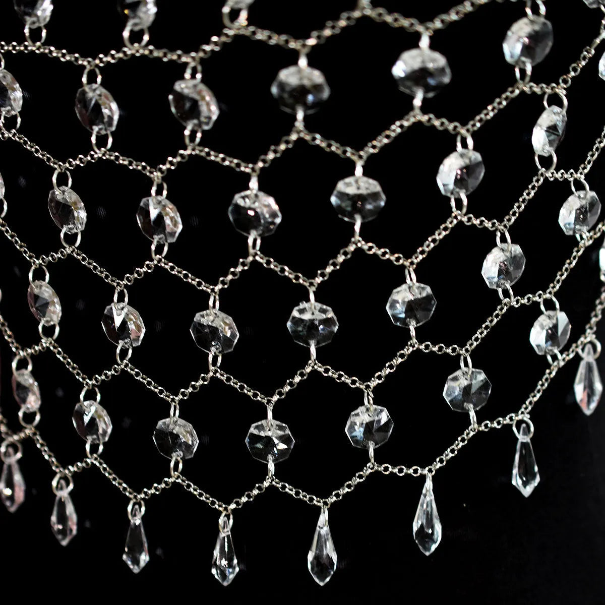 Transparent acrylic crystal sequins body chain chest necklace jewellery in hand-woven construction